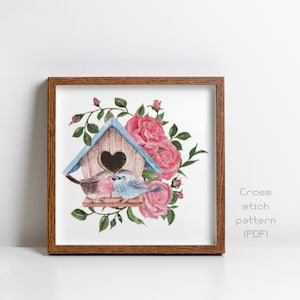 Love Birds Cross Stitch Pattern, Valentine&#39;s Day, Spring, Modern Watercolor Painting, Instant PDF Download, Cross Stitch Chart