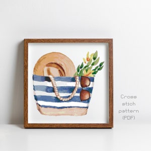 Beach Bag Cross Stitch Pattern, Modern Watercolor Painting, Summer Season, Instant PDF Download, Cross Stitch Chart