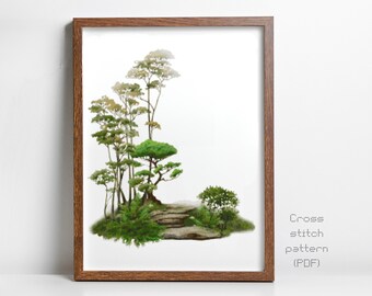 Japanese Zen Garden Cross Stitch Pattern, Peaceful, Modern Watercolor Painting, Decor, Instant PDF Download, Cross Stitch Chart