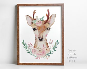 Floral Fawn Cross Stitch Pattern, Nursery, Baby Shower Gift, Modern Watercolor Painting, Instant PDF Download, Cross Stitch Chart