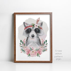 Floral Raccoon Cross Stitch Pattern, Nursery, Baby Shower Gift, Modern Watercolor Painting, Instant PDF Download, Cross Stitch Chart