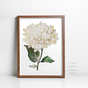 Patrón de punto de cruz de hortensia blanca, flor, cabaña, jardín inglés, ilustración botánica, descarga instantánea en PDF, gráfico de punto de cruz