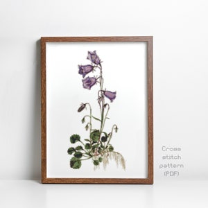 Kruissteekpatroon klokbloem, bloem, huisje, Engelse tuin, vintage botanische illustratie, instant pdf-download, kruissteekkaart, Engelse tuin