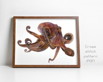 Octopus Cross Stitch Pattern, Under the Sea, Modern Watercolor, Instant PDF, Cross Stitch Chart