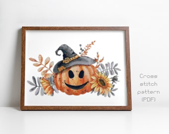 Jack-O-Lantern V. ll Cross Stitch Pattern, Trick or Treat, Pumpkin, Modern Watercolor Painting, Instant PDF Download, Cross Stitch Chart