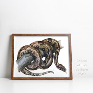 May include: A cross stitch pattern featuring a brown and black snake wrapped around a branch. The pattern is in a brown wooden frame.