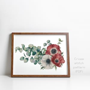 Patrón de punto de cruz de eucalipto, pintura de acuarela moderna, vegetación, follaje, descarga instantánea en PDF, gráfico de punto de cruz