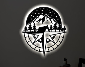 Mountain Compass LED Metal Art Sign / Light up Compass Metal Sign / Multi Colors Compass Sign / Metal Home Decor / Neon LED Wall Art Gift