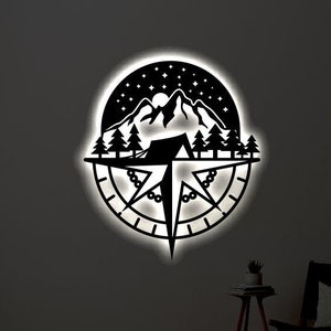 Mountain Compass LED Metal Art Sign / Light up Compass Metal Sign / Multi Colors Compass Sign / Metal Home Decor / Neon LED Wall Art Gift