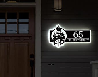 Solar Backlit Metal Address Sign – Wispy Trees Modern House Number Plaque with LED Lighting, Outdoor Yard Sign, Custom Décor
