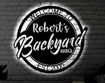 Letrero metálico con iluminación LED para barbacoa en el patio trasero, personalizado, para decoración de pared exterior, de metal, para barbacoa, personalizado, arte de pared de metal.