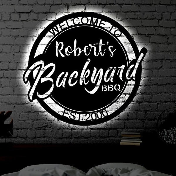 Personalized LED Backyard BBQ Metal Sign / Outdoor light up Wall Decor / Metal Wall Decor / BBQ Decor / Personalized / Metal Wall Art