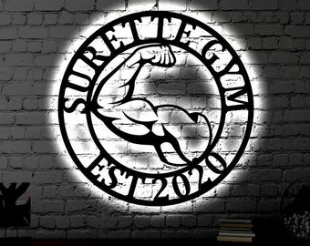 Letrero metálico LED personalizado para gimnasio en casa / Letrero metálico iluminado con nombre de gimnasio / Arte multicolor para gimnasio en casa / Arte mural metálico para fitness / Letrero de neón