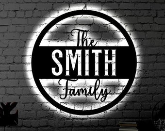 Personalized LED Family Name Metal Sign | Light up Wall Art Housewarming Gift | Door Hanger | Wedding Gift | Neon Metal LED Monogram Sign