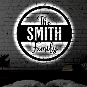 Personalized LED Family Name Metal Sign | Light up Wall Art Housewarming Gift | Door Hanger | Wedding Gift | Neon Metal LED Monogram Sign