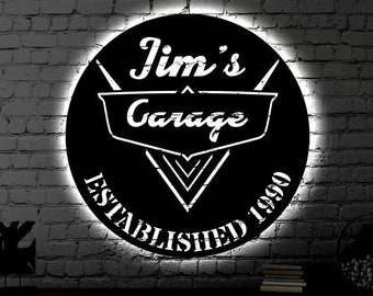 Letrero metálico LED personalizado para garaje / Arte de pared iluminado para garaje / Arte de pared para garaje / Regalo para el Día del Padre / Letrero LED para garaje