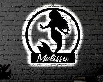 Letrero metálico de sirena LED personalizado / Arte de pared iluminado para habitación de niñas / Arte de pared de sirena / Regalo para niños / Letrero de arte LED de sirena de neón
