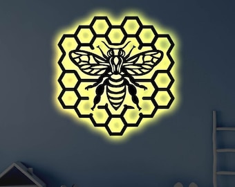 LED Bee Hive Metal Sign | Light up Bee Wall Art | Bee Hive Wall Art | Bee LED Art Sign
