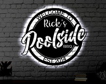 Personalized LED Backyard Pool Metal Sign / Outdoor light up Pool Decor / Metal Wall Decor / Patio Decor / Personalized / Metal Wall Art