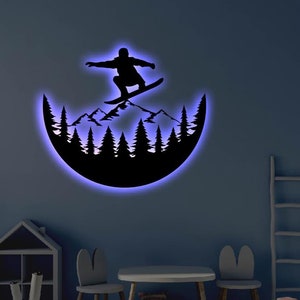 LED Snowboarder Metal Sign | Light up Snow board Wall Art | Wall Art | Children&#39;s Gift | Neon Snow board LED Art Sign |  Winter Steel sign