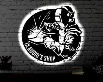 Letrero metálico LED personalizado de soldador / Arte mural iluminado para soldar en el garaje / Arte mural para garaje / Regalo para el Día del Padre / Letrero LED de neón para garaje