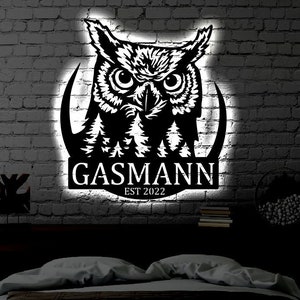 Personalized LED Owl Metal Sign | Light up Owl Wall Art | Owl Nature Wall Art | Owl LED Art Sign / Neon Glowing Owl