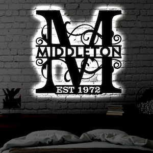 Personalized LED Family Name Metal Sign | Light up Wall Art Monogram Gift | Door Hanger | Monogram Wedding Gift | Metal LED Monogram Sign