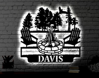 Personalized LED Campfire Family Name Metal Sign | Light up Wall Art Gift | Camping Wall Art | Wedding Gift | Neon Metal LED Monogram Sign