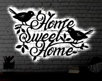 Home Sweet Home LED Metal Sign | Light up Wall Art Bird Gift | Metal Wall Art Bird Welcome Sign | Wedding Gift | Metal LED Sign