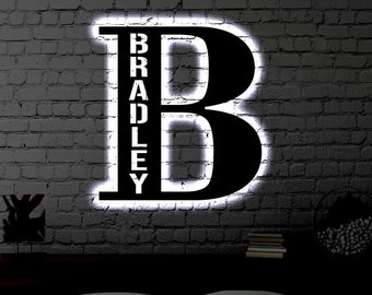 Letrero metálico con luz nocturna LED personalizada con nombre, luz nocturna para niños, arte de pared con monograma, regalo, colgador de puerta, regalo de boda con monograma