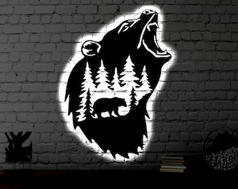 Bear LED Metal Art Sign / Light up  Bear Metal Sign / Multi Colors Bear Sign / Metal Nature Home Decor