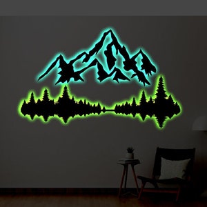 LED mountain metal wall art / Neon mountain and tress metal art / Light up mountain wall hanging / Multicolored glowing wall art / Neon Sign