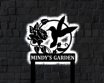 Letrero de jardín con estaca metálica LED / Letrero de jardín con estaca solar iluminada / Letrero decorativo para exteriores / Moderno / Letrero metálico para el Día de la Madre / Mariposa de neón