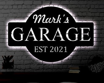 Letrero metálico LED personalizado para garaje / Arte de pared iluminado para garaje / Arte de pared para garaje / Regalo para el Día del Padre / Letrero LED para garaje