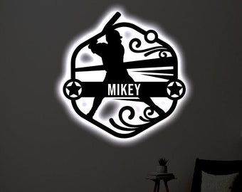 Personalized Baseball LED Metal Art Sign / Light up Baseball Name Metal Sign / Multi Color Base Ball Art / Neon Metal Baseball Wall Art