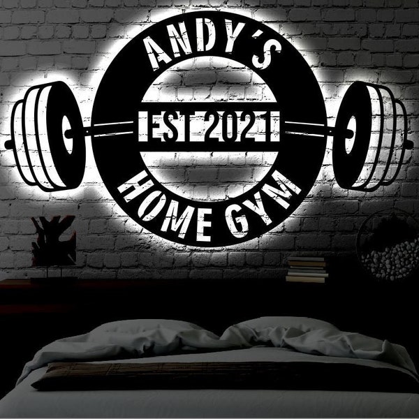 Personnalisé Home Gym LED Metal Art Sign / Light up Gym Name Metal Sign / Multi Color Home Gym Art / Metal Fitness Wall Art