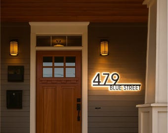 Solar Backlit Metal Address Sign – Modern House Number Plaque with LED Lighting, Outdoor Yard Sign, Custom Décor