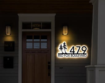 Solar Backlit Metal Address Sign – Wispy Trees Modern House Number Plaque with LED Lighting, Outdoor Yard Sign, Custom Décor