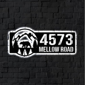 LED Address Metal Art Sign / Light up Bear, Mountain, trees address plaque Sign / Multi Color Metal Numbers / Metal House Number Address
