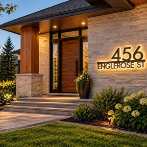 May include: A modern house exterior featuring a backlit metal address sign displaying the number 456 and the text ENGLEROSE ST mounted on a light-colored stone wall next to a wooden front door and a dark planter with greenery.