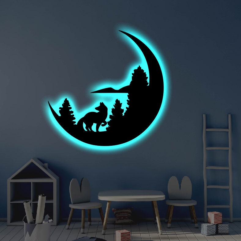 Moon LED Metal Art Sign / Light up Wolf Moon Metal Sign / Multi Colors ...