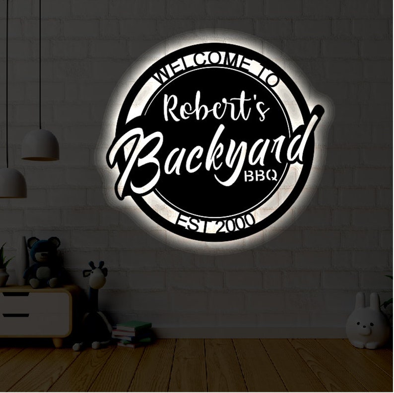 Personalized LED Backyard BBQ Metal Sign / Outdoor light up Wall Decor / Metal Wall Decor / BBQ Decor / Personalized / Metal Wall Art bild 2