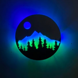 LED mountain metal wall art / Neon mountain and trees metal art / Light up mountain wall hanging / Multicolored glowing wall art / Neon Sign