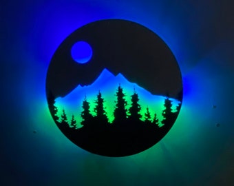LED mountain metal wall art / Neon mountain and trees metal art / Light up mountain wall hanging / Multicolored glowing wall art / Neon Sign