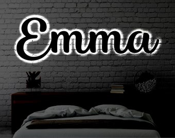 Letrero metálico con nombre personalizado y LED / Letrero metálico iluminado con nombre para guardería / Arte con nombre en cursiva multicolor / Arte de pared con LED