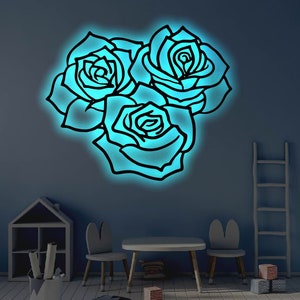Three Roses LED Metal Art Sign / Light up Rose Metal Sign / Multi Color ...