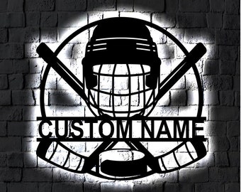 Personalized Hockey LED Metal Art Sign / Light up Hockey Player Name Metal Sign / Multi Color Hockey Art / Metal Hockey Wall Art