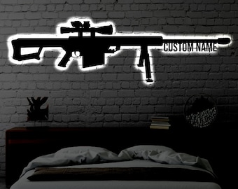 Letrero de metal con luz LED para rifle de francotirador personalizado / Letrero de metal con luz LED para francotirador personalizado / Letrero de juegos multicolor / Decoración de metal para el hogar / Arte de pared con luz LED