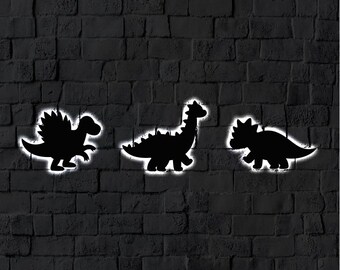 Three Piece Dinosaur LED Metal Art Sign / Light up Dino Decor Sign / Multi Colors Kids Room Sign / Metal Yoga Studio Home Decor / Home Decor