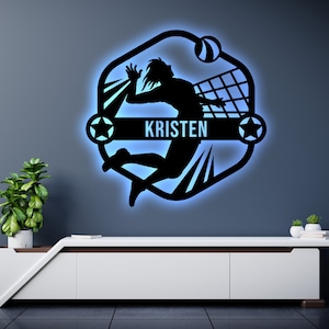 Personalized Volleyball LED Metal Art Sign / Light up Volleyball Name Metal Sign / Multi Color Volleyball Art / Metal Wall Art